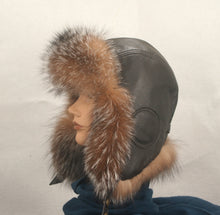 Load image into Gallery viewer, Aviator Hat made with Crystal Fox and brown leather (unisex)