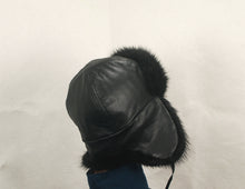 Load image into Gallery viewer, Hat # 6000 Trooper Hat made with Dyed Black muskrat and Black Leather