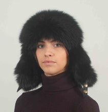 Load image into Gallery viewer, Aviator Hat made with black fox fur and  black leather
