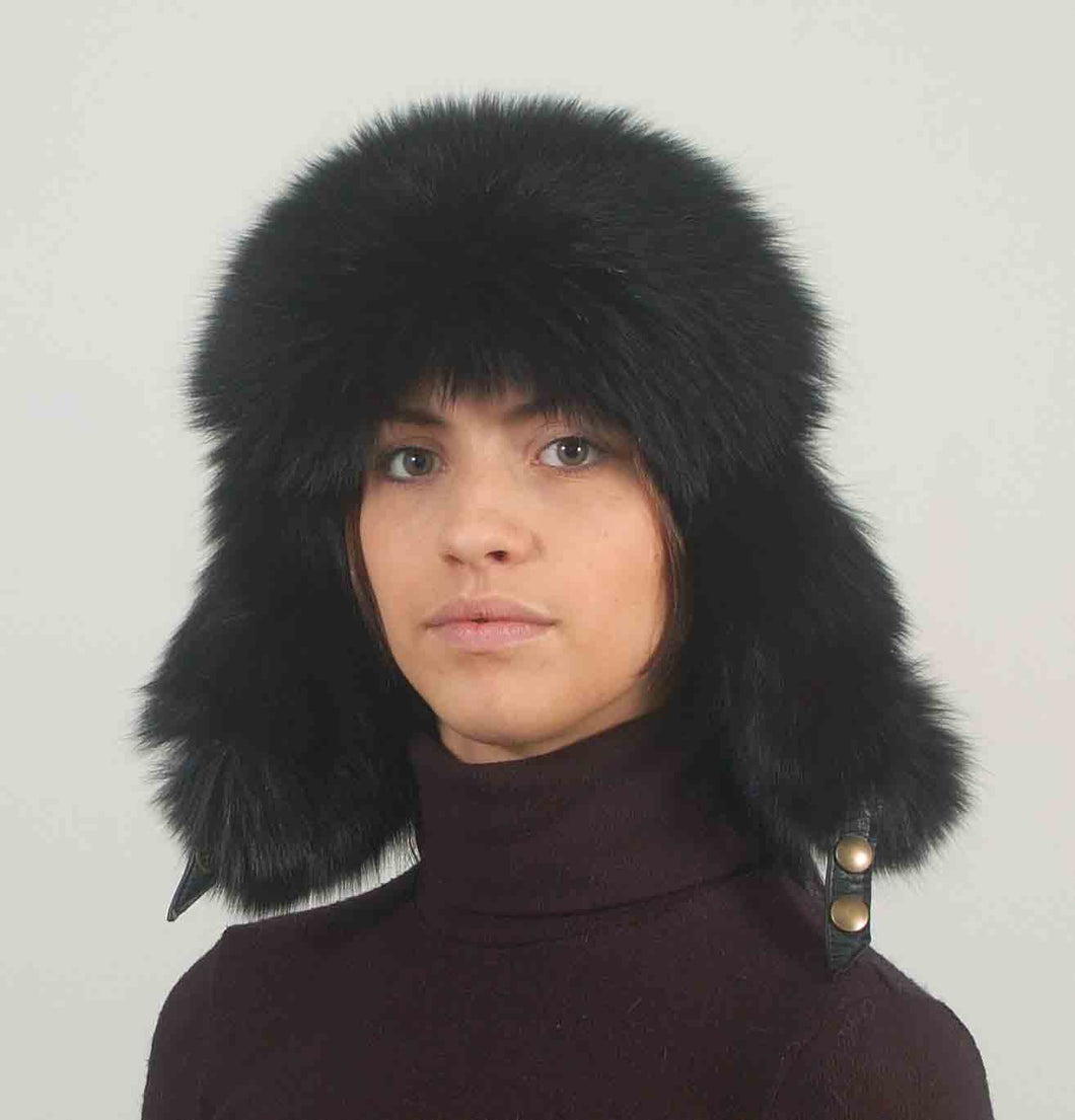 Aviator Hat made with black fox fur and  black leather