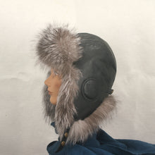 Load image into Gallery viewer, Aviator Hat made with Indigo Fox fur and Black Leather
