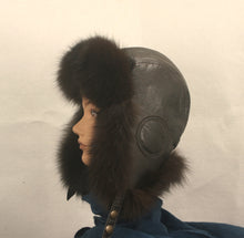 Load image into Gallery viewer, Aviator Hat made with brown fox fur and brown leather
