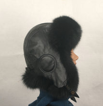 Load image into Gallery viewer, Aviator Hat made with black fox fur and  black leather
