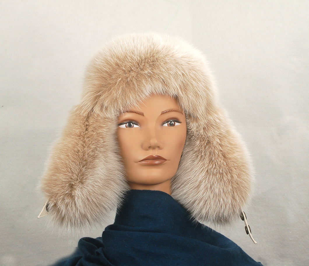 Aviator Style Hat made with dyed Blush  fur and Beige Leather