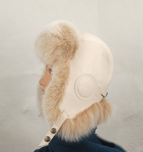 Load image into Gallery viewer, Aviator Style Hat made with dyed Blush  fur and Beige Leather
