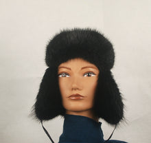 Load image into Gallery viewer, Hat # 6000 Trooper Hat made with Dyed Black muskrat and Black Leather
