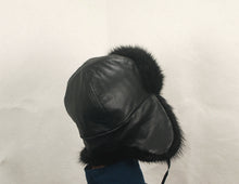 Load image into Gallery viewer, Hat # 6000 Trooper Hat made with Dyed Black muskrat and Black Leather
