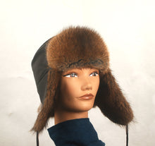 Load image into Gallery viewer, Style 2000 Trooper Hat made with Natural Muskrat and Brown leather
