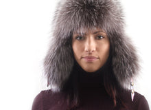 Load image into Gallery viewer, Aviator Hat made with Indigo Fox fur and Black Leather
